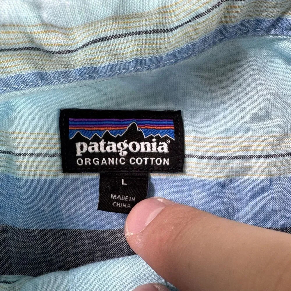 Patagonia Shirt Mens L Blue Striped Short Sleeve Button‎ Up Organic Cotton - Picture 3 of 8